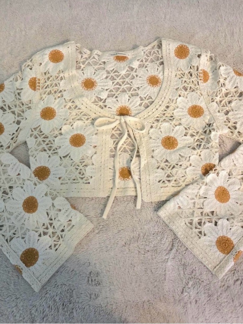 moon & madison Cream Crochet Daisy Tie-Front Cardigan with Golden Centers
